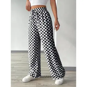 Women’s all-over checkerboard print straight-leg pants with drawstring waist; casual, comfortable high-waisted trousers for daily wear; fashionable women’s bottoms for all seasons; baggy pants; womenswear