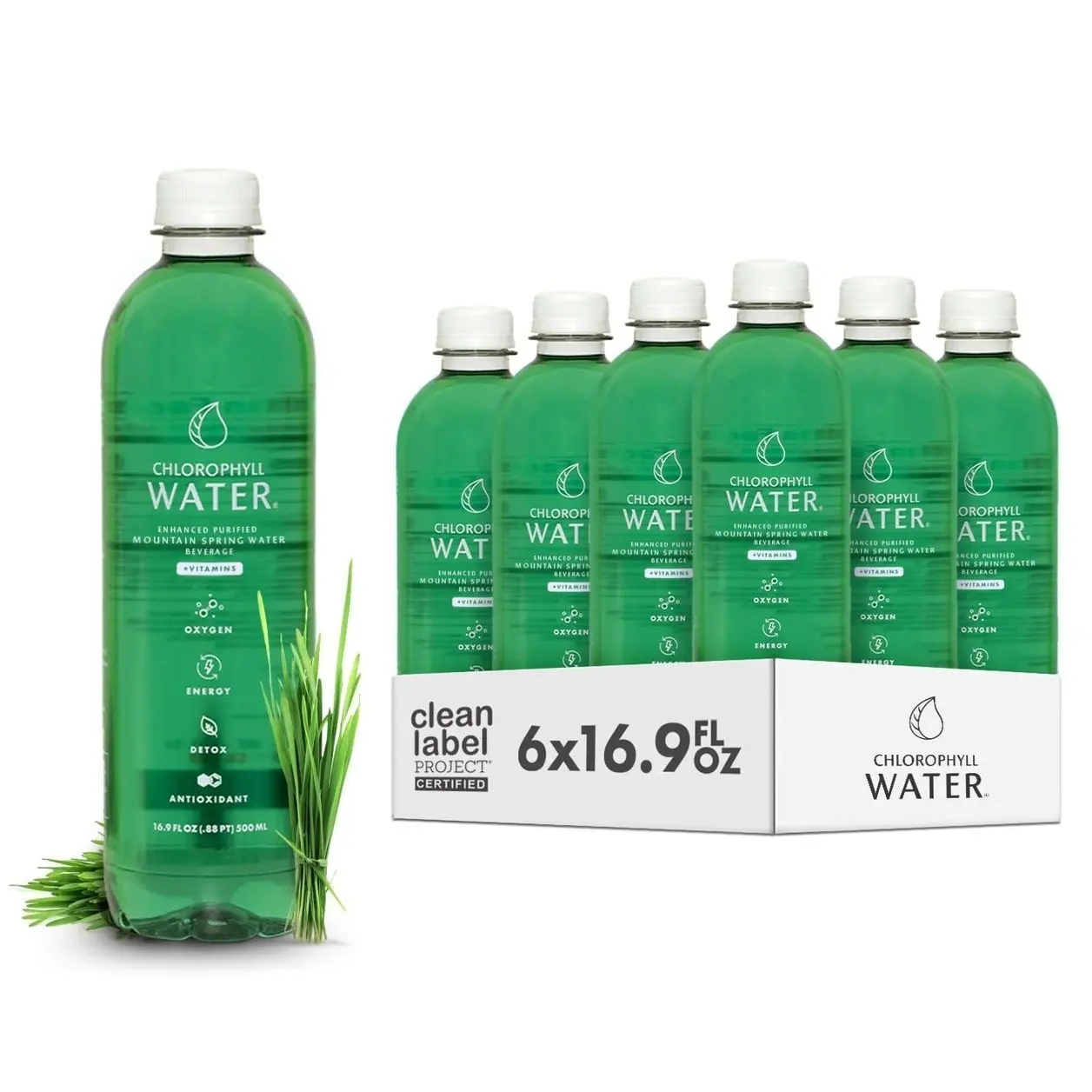 Chlorophyll Water (6-pack) Certified Clean Label, Chlorophyll Liquid Drops in Purified Water, Beauty Drink for Glowing Skin, Anti-Aging & Natural Detox with Plant-Based Vitamins A, B12, C, D3 (16.9oz)