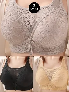Women's Lace Push-Up Bra Set, 3-Piece Comfortable Breathable Wireless Underwear, Anti-Sagging Lifted Design, No Magnetic Steel Support