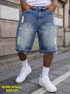 Men's summer light blue distressed ripped frayed denim shorts, non-stretch denim shorts, a versatile and street-style staple pants with a casual and unruly vibe【Runs small, size up】