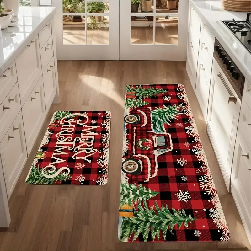 Farmhouse Christmas Kitchen Rug Set Red Black Buffalo Check Vintage Truck Merry Christmas Floor Runner Non-Slip Stain Resistant Washable Holiday Mats, Seasonal Decor Carpet for Kitchen, Entryway and Hallway