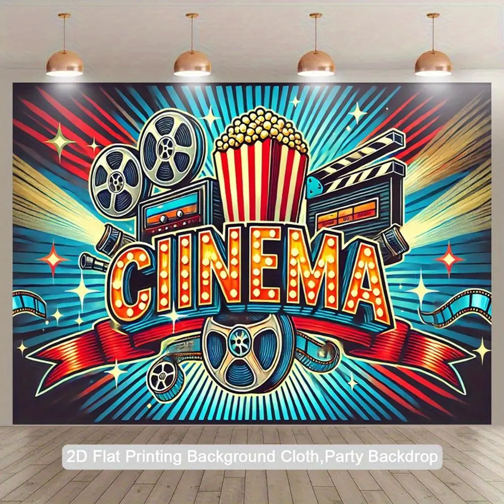 Vintage 1-Piece 2D Flat Cinema Sign Wall Hanging Backdrop Set, Durable Polyester Movie Theater Decor with Red-Blue Banner & Popcorn Boxes, Party Decoration Supplies for Birthday Photo Booths, Home Theater