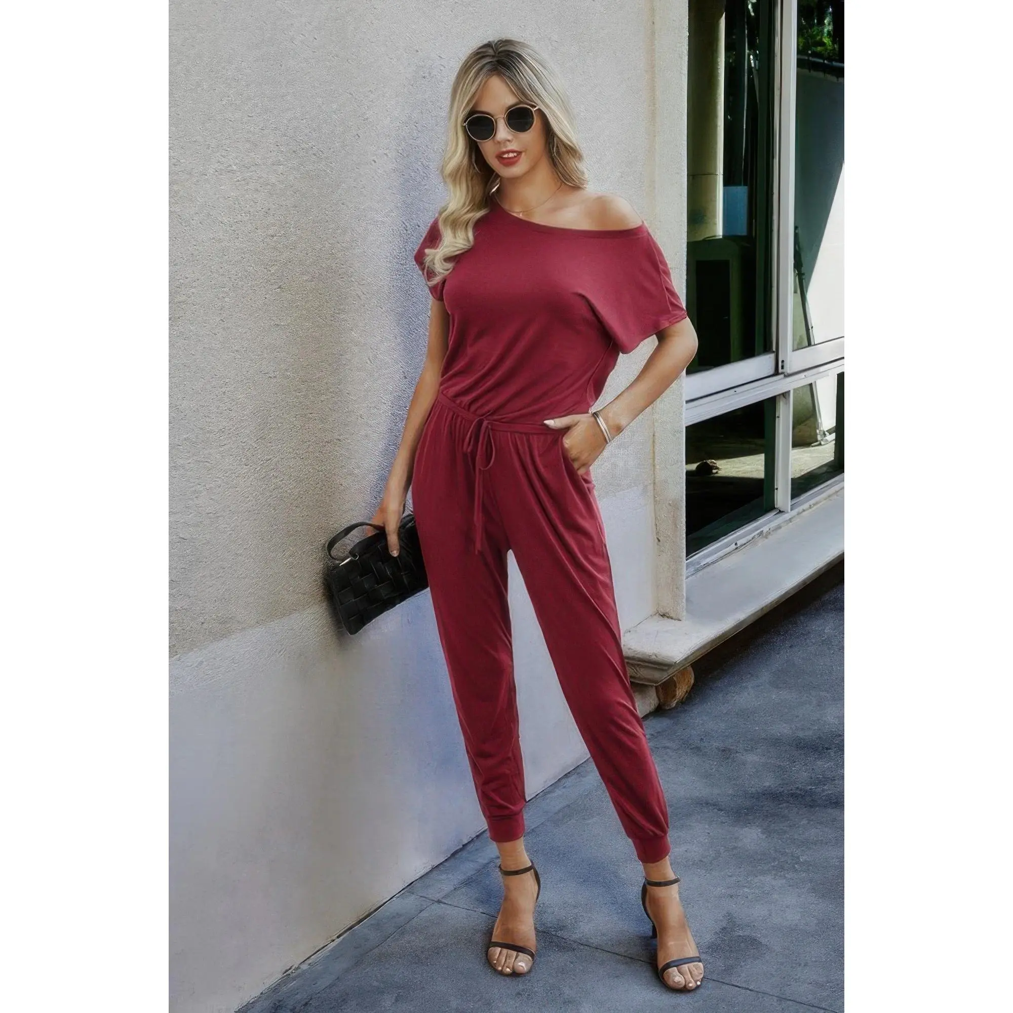 Solid Slant Shoulder Short Sleeve Jumpsuit