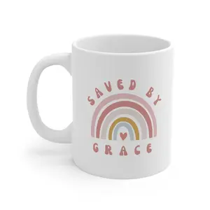 Christian Mug for Her, Saved by Grace Coffee Cup, Cute Jesus Mug, Christian Kitchenware, Pink Rainbow Mug, Girly Jesus Gift, Christian Women’s Present