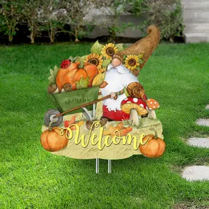 Outdoor Garden Stakes Fall Decoration - Harvest Gnome Welcome Sign - Wheelbarrow Cornucopia - Handmade Gift - Autumn Adornment - Wooden Ornament by Susan Winget - 8471207M-SW