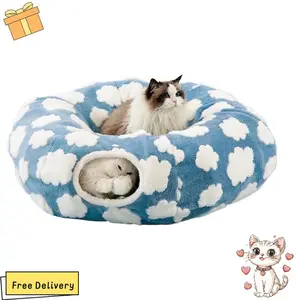 Large Cat Tunnel Bed for Indoor Cats - Cute Cat Donut Tunnel Toys for Small Large Cats with Washable Circle Cushion, Round Pet Peekaboo Cave Toy for Kitten/Puppy/Rabbit, Standard Blue