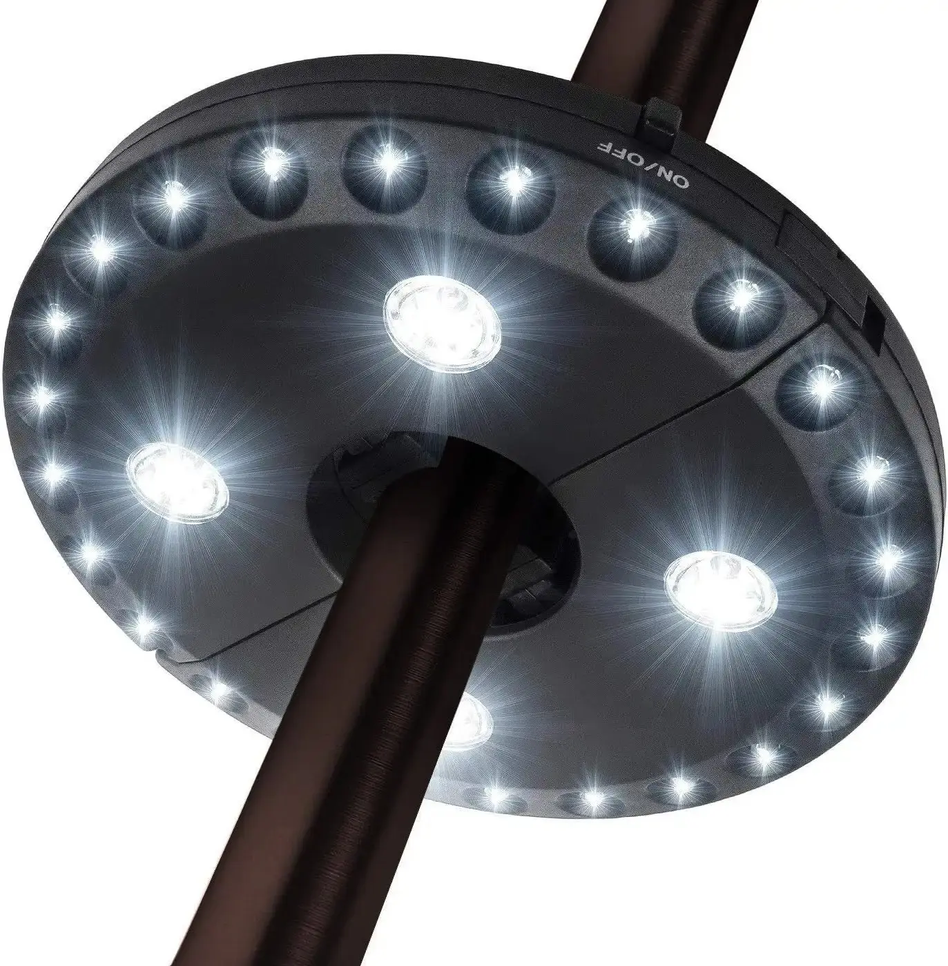 Cordless Patio Umbrella Clamp Light - 3 Multiple Modes, 28 LEDs (200 Lux), 4x AA Batteries Operated, 0.86-1.81 In Clamp, Cycle Button, Face-Down Mount for Outdoor Spaces, Camping Tents, Umbrella Light