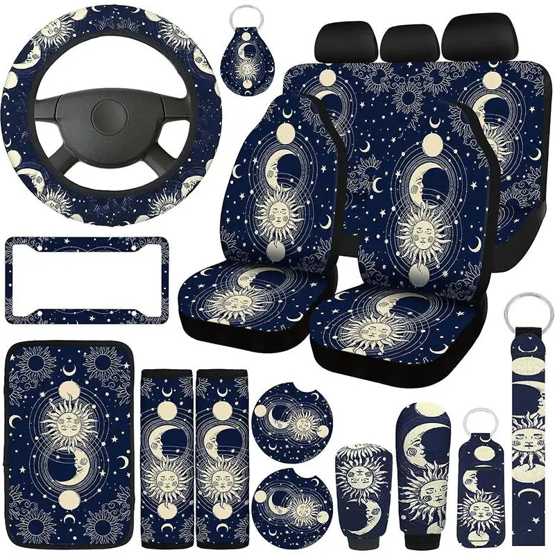 Sun & Moon Pattern Car Seat Cover Set, 19pcs/set Universal Seat Protector, All Seasons Car Interior Decoration Accessories for Most Cars SUV Trucks, C