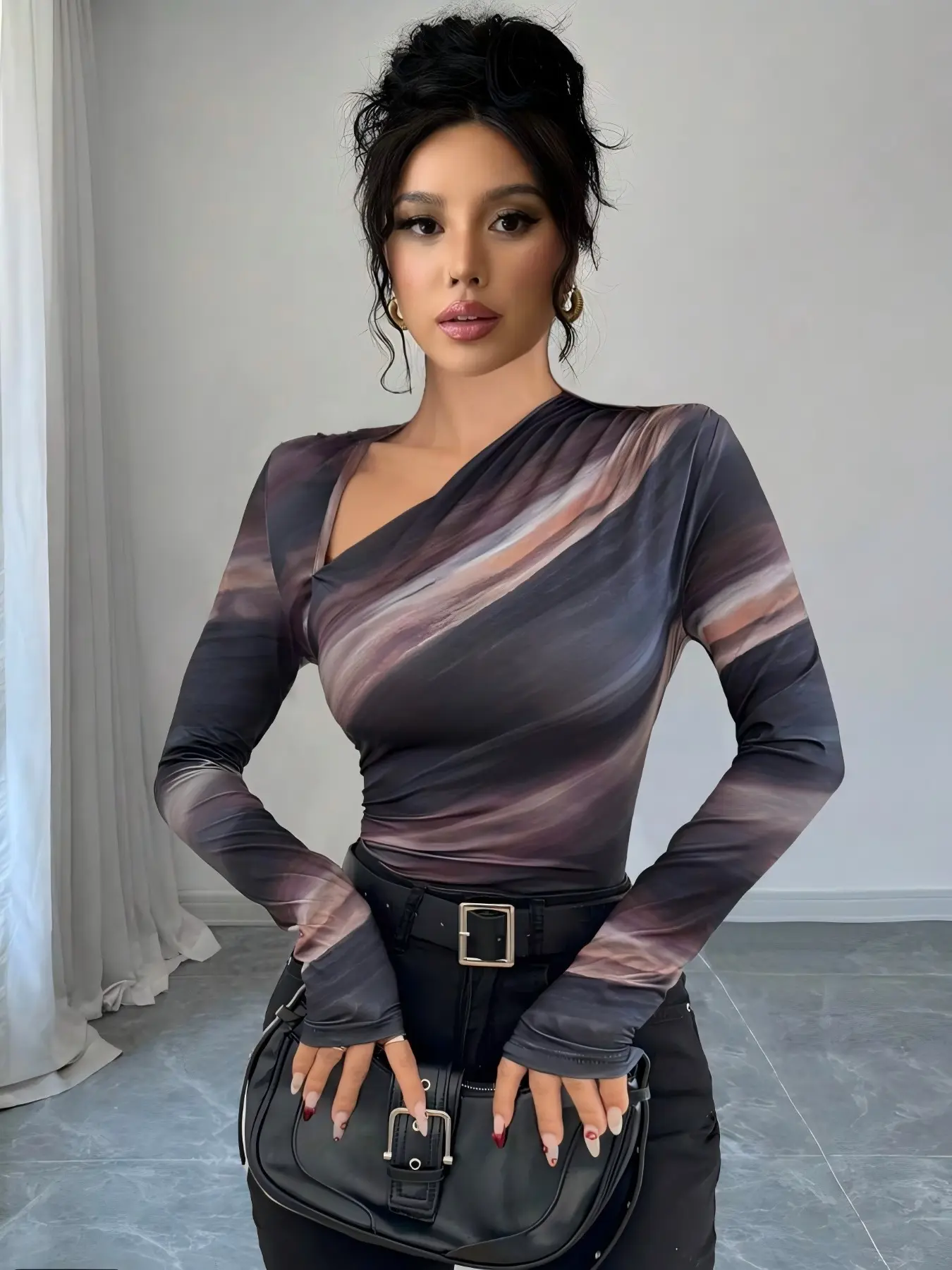 Women's Elegant Ombre Asymmetrical Neck Long Sleeve T-Shirt Top, Sexy Slim-Fitting Casual Wear, Bodycon Fitted Top, Womenswear All Seasons Fashion, Fitted, Lady, Asymmetrical Neckline Top, Asymmetrical Shirts