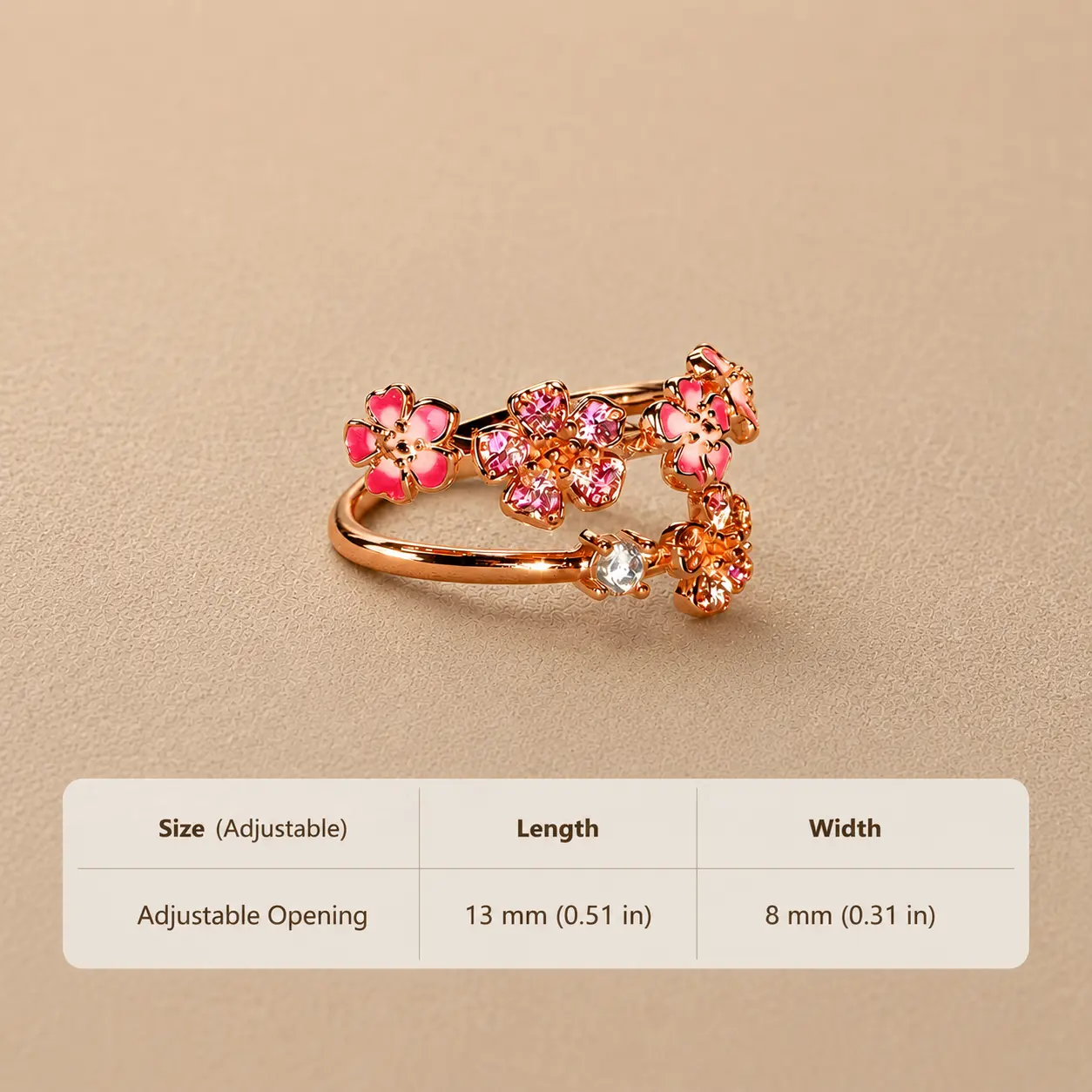 Cute Pink Blossom Open Ring – Adjustable Crystal Flower Ring
