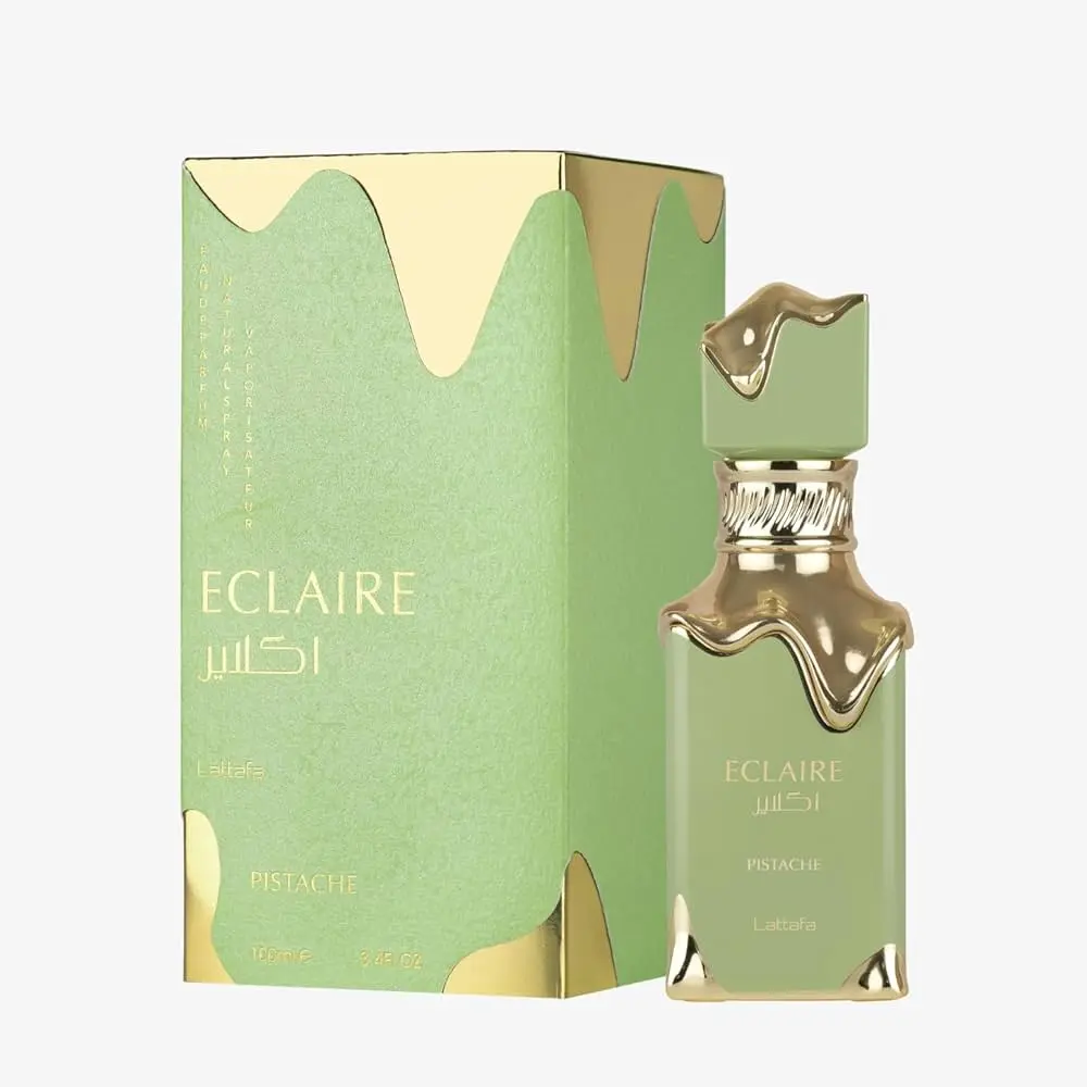 Lattafa Eclaire Pistache Unisex Long-Lasting Liquid EDP 100ml - Creamy Gourmand Fragrance for Daytime Errands, Layering-Ready with Whipped Cream, Musk, Cacao, Vanilla, Coconut, Toasted Pistachio Top Notes, Modern Gourmand, Soft Musk Finish