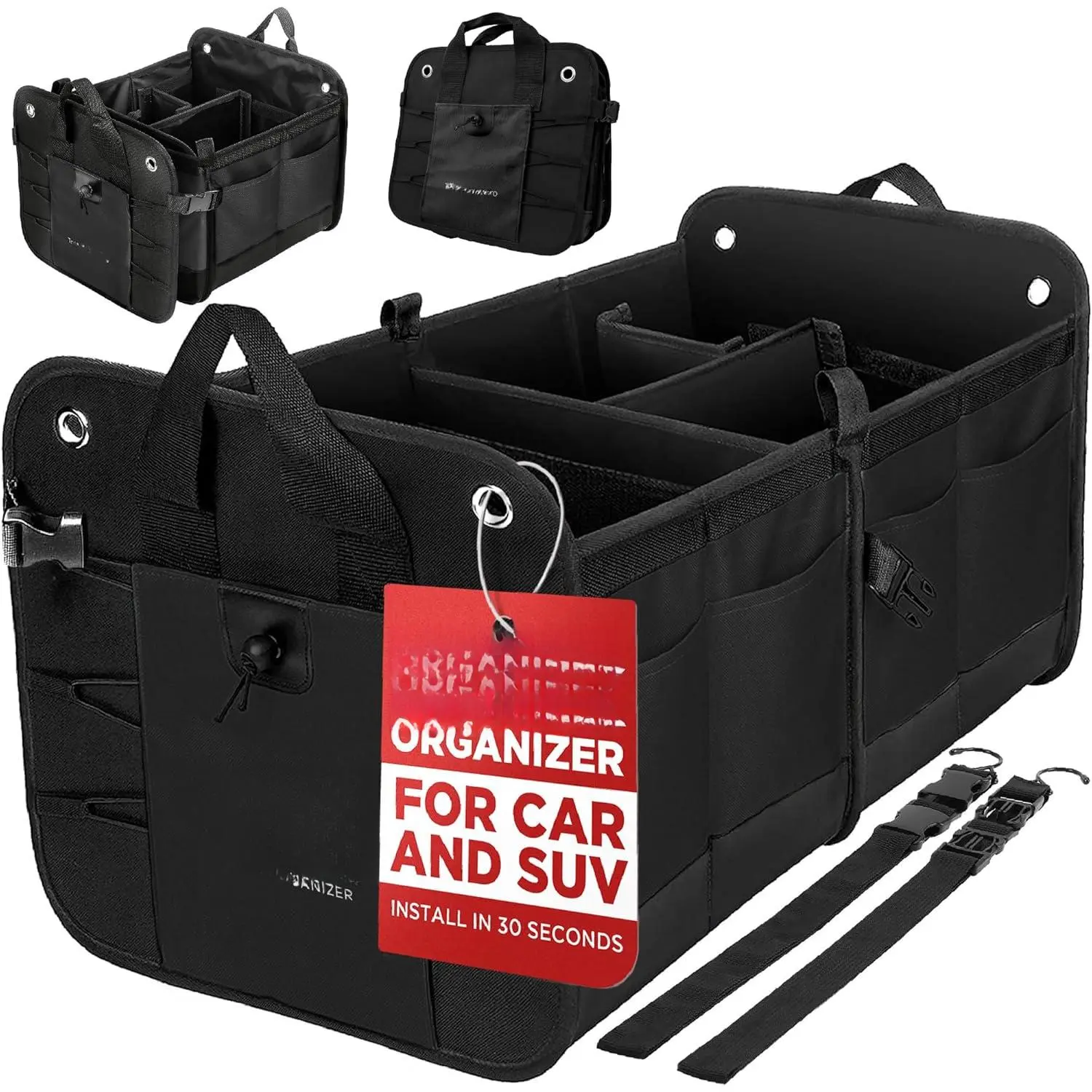 Large Car Trunk Organizer for Car, SUV, Truck Owners - Premium Adjustable Height, Multi-Compartment Collapsible Organizer with Securing Straps & Slip-Resistant Bottom