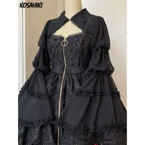 Gothic Lolita Cardigan Blouse Women Loose Puff Sleeve Lace Patchwork Black Cropped Shirts Japanese Harajuku All Match Capes Top