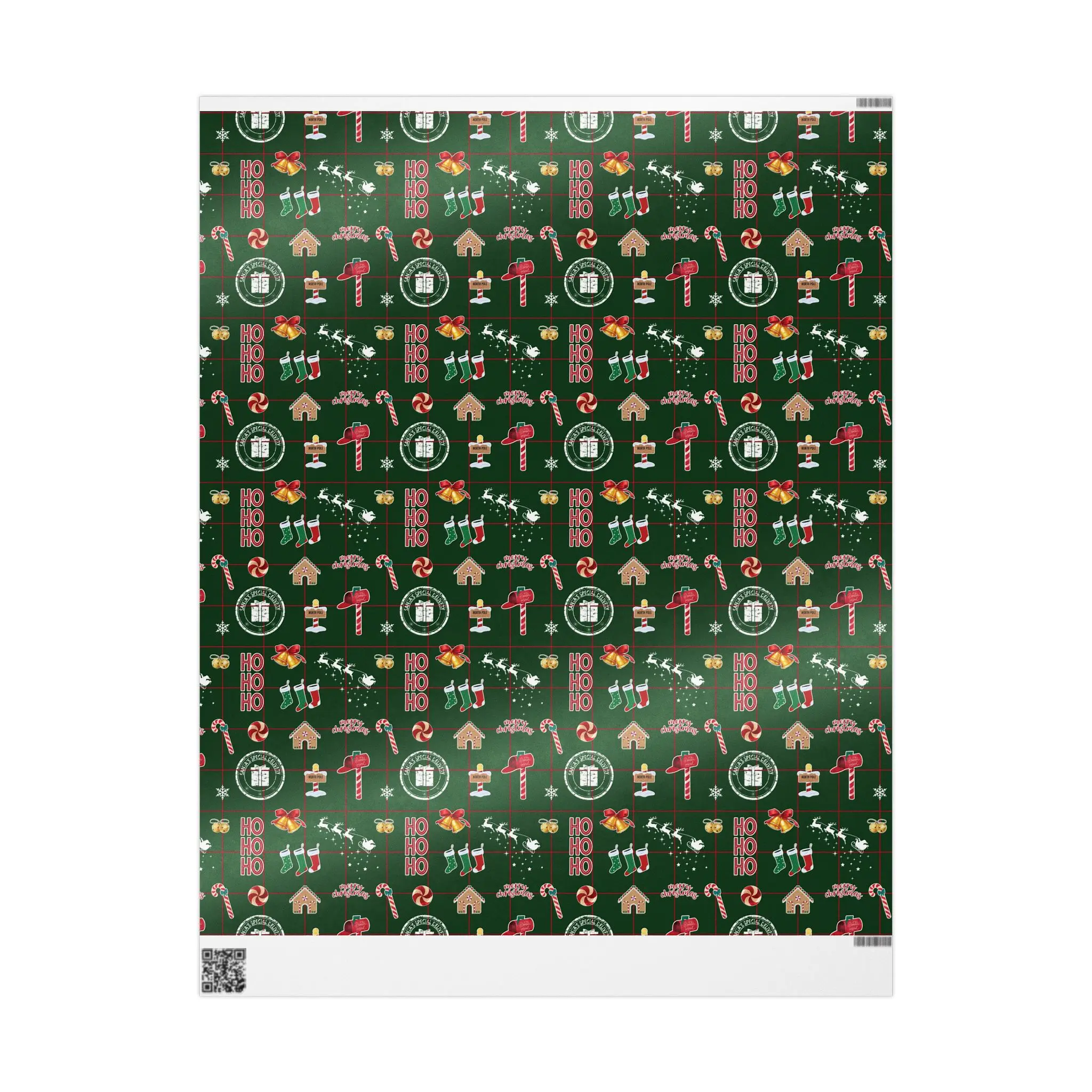 Christmas Gift Wrapping Paper, Green Holiday Wrap Sheet with Candy Cane, Stocking, Gingerbread in Glossy or Matte Finish