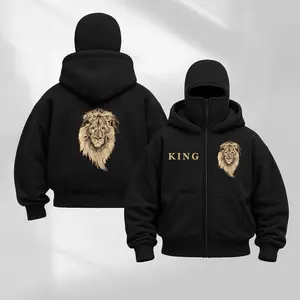 Balaclava Jacket Zip Up KING Lion Printed Fashion Double Layer Hoodie Hip Hop Outerwear Jacket Y2K Clothing for Men and Women