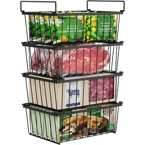 Freezer Organizer Bins - 4 Pack Stackable Deep Freezer Organizer Bins for 5 Cu.Ft Chest Freezer Easy Get  from Bottom without Digging, Add Space Sort Store More Frozen , Black