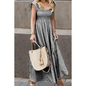 Full Size Smocked Ruffled Plaid Ruffle Hem Dress