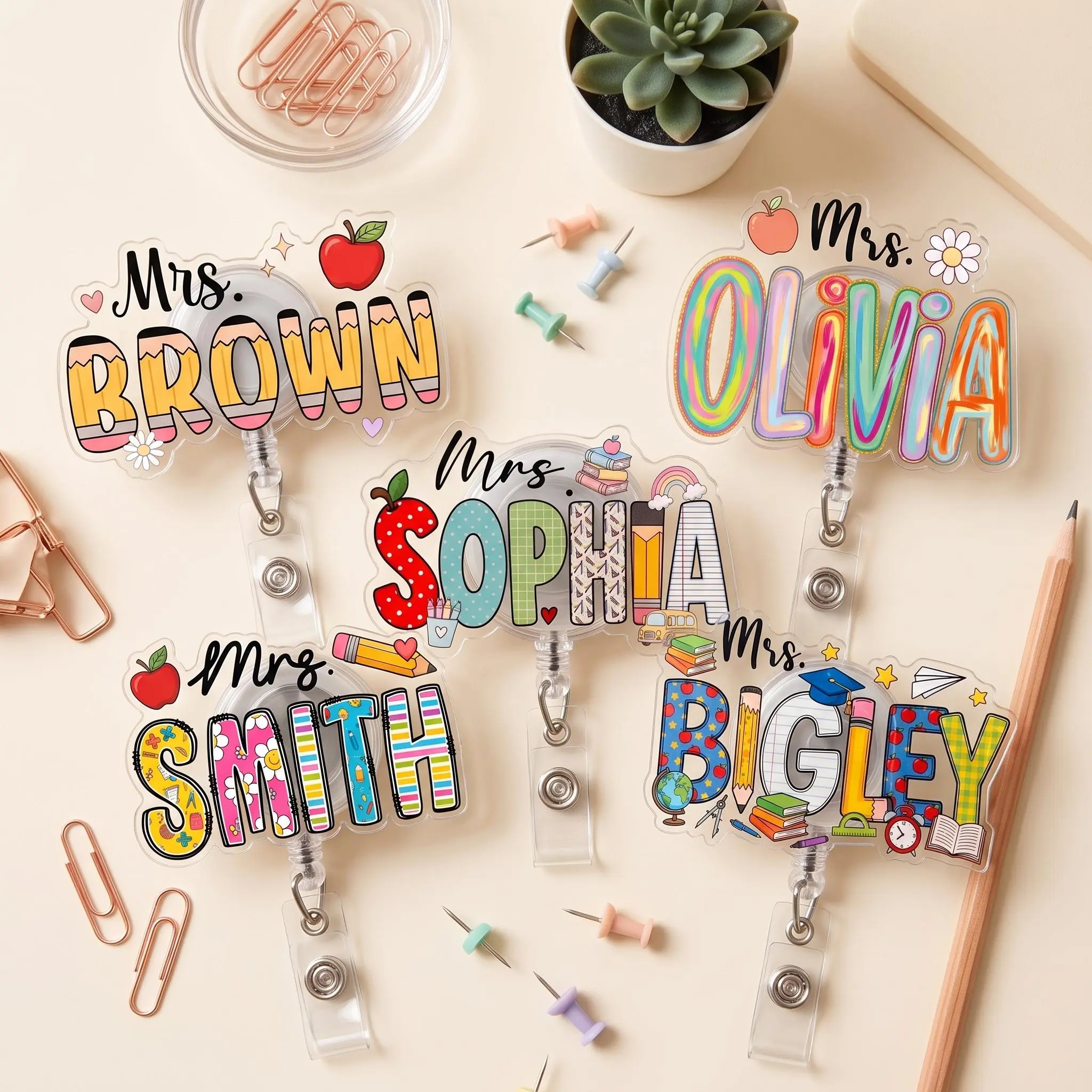 Personalized Teacher Name Acrylic Badge Reel – Custom Student Name Retractable ID Badge Holder, Back to School, New Teacher & Classroom Gift
