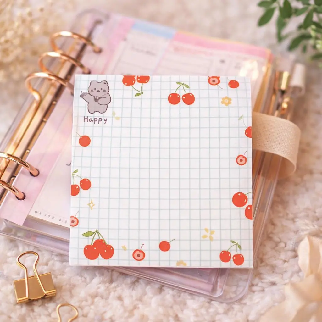 Cute Cherry Aesthetic Sticky Notes - 80 Sheets Light Grid Layout Office Paper, Kawaii Memo Pad, Perfect Desk Accessory for Planners, Home Use, Stationery Lovers Gifts, Cute Cherry Aesthetic Design