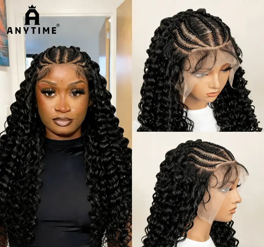 Anytime Black Braided Lace Wig for Female, 26 Inch Long Full Lace Heat Resistant Synthetic Hair with Baby Bangs, Bangs Synthetic Braided Lace Wigs