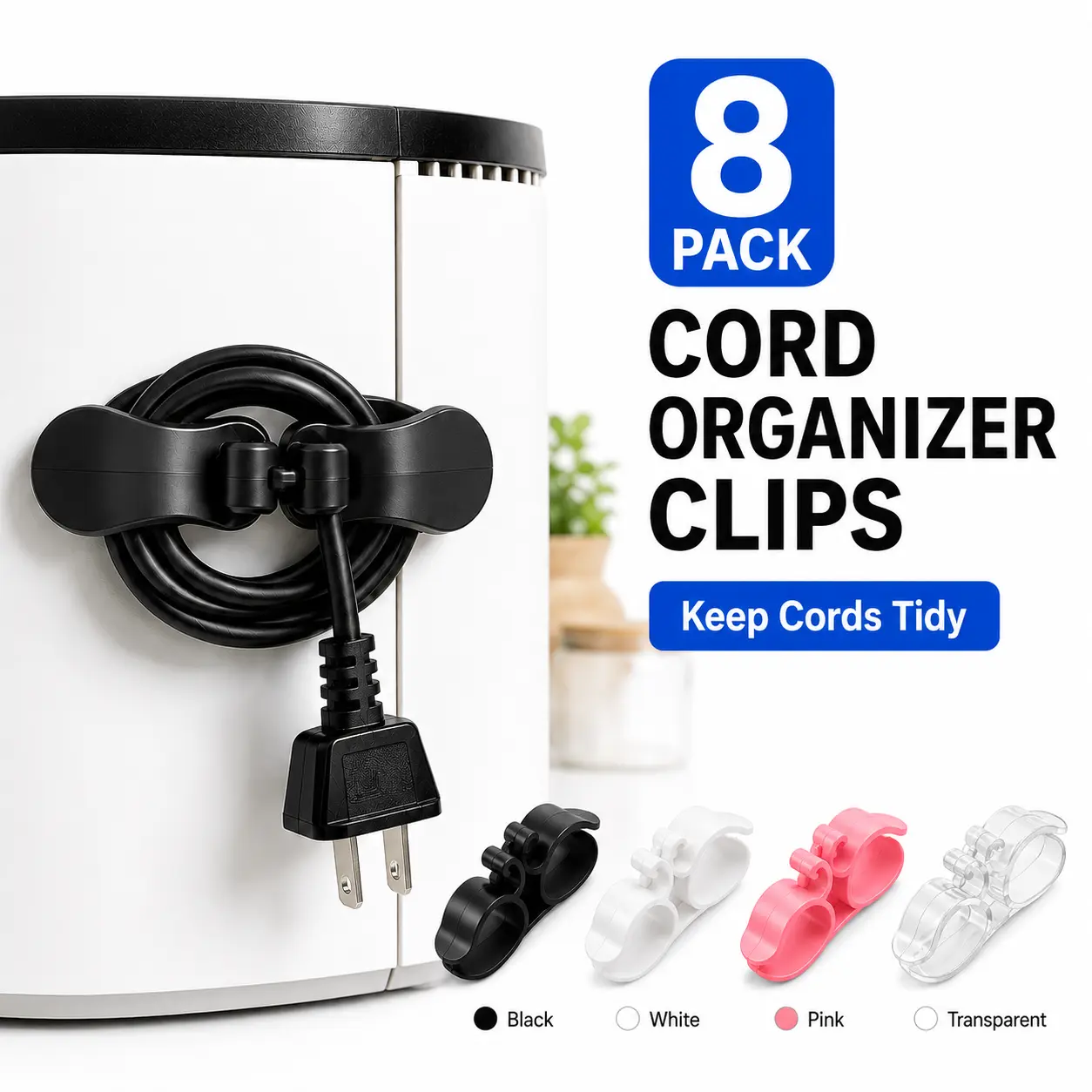 8 Pack Cable Organizer Clips & Cord Holders for Appliances, Self-Adhesive No-Drill Wire Management for Coffee Maker, Mixer, Air Fryer, Kitchen, Home and Office