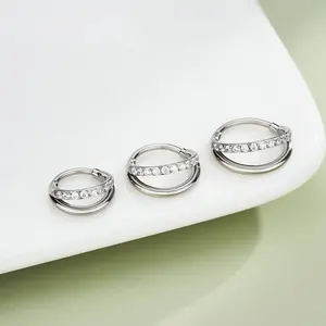 OUFER 20G AAA+ Grade Rhinestone Seamless/Hinged Segment Double Row Stainless Steel Nose Ring Jewelry, 6mm-8mm Hoop for Nostril/Conch Piercings (Silver, Pink, Blue), Nose Piercing Jewelry