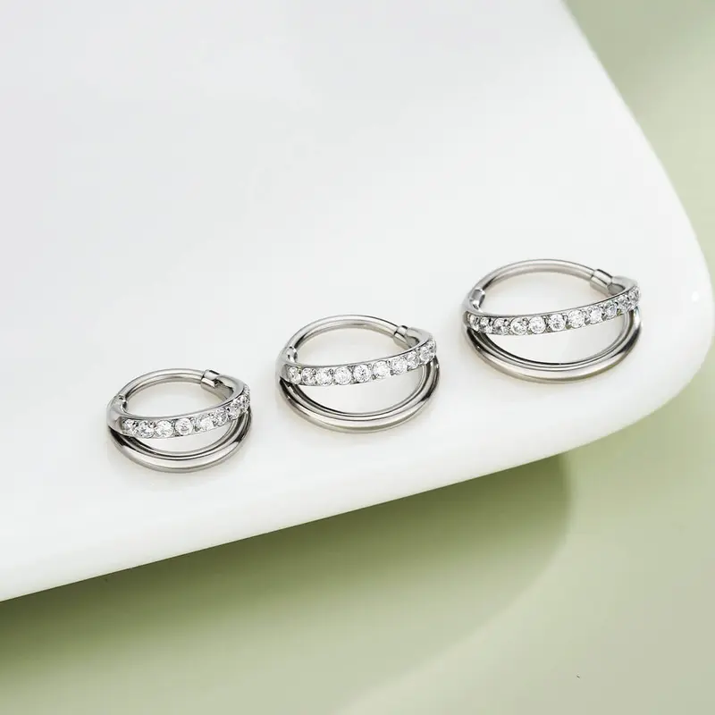 OUFER Women's 20G Hypoallergenic Silver Stainless Steel Nose Ring Jewelry - Double-Row Shine AAA+ Cubic Zirconia Seamless Hinged Easy-Fit Hoop, 6mm-8mm for Nostril & Conch Piercings, Daily Accessory