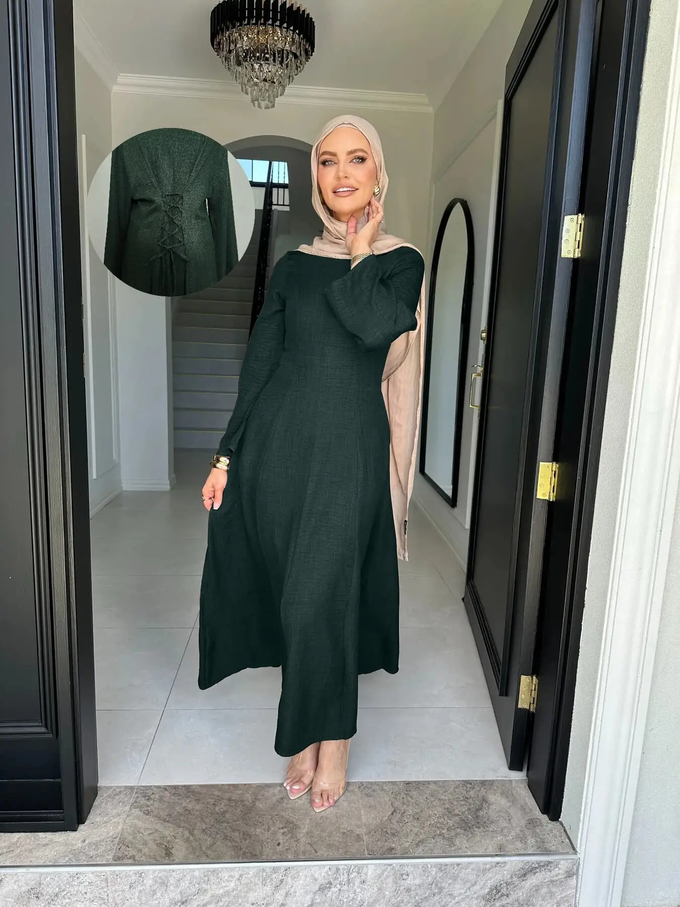 Tie-waist Corset Back Maxi Dress Linen-Like Abaya | Modest Muslim Fashion