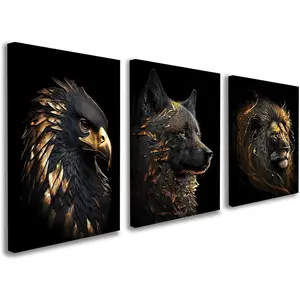 2D Flat 3pcs Framed Canvas Set of 3 Living Room Wall Pictures - Modern Canvas Pictures with Frame, Golden Animal Motifs Lion, Eagle & Wolf, Art Print Pictures on Canvas for Bedroom, Hallway or Office, Wall Decoration