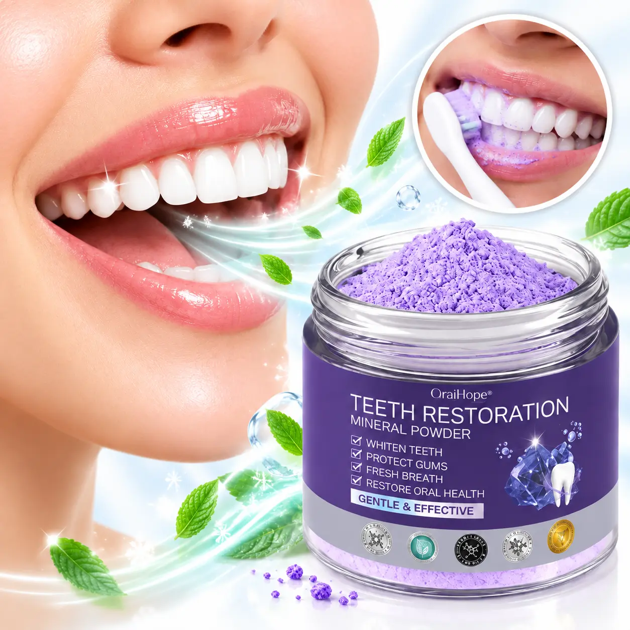 Oralhoe Purple Cosmetic Teeth Restoration Mineral Cleanser Powder, Mild Gentle Brightening Powder, Surface Stain Remover for Coffee Stains, Peppermint Lavender Fresh Breath, Daily At-Home Oral Self-Care, 50g