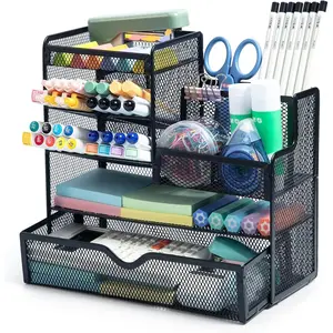 Mesh Pen Holder for Desk, Multi-Functional Pencil Holder with Drawer Desk Organizer, Large Capacity Office Desk organizers and Accessories (Black)