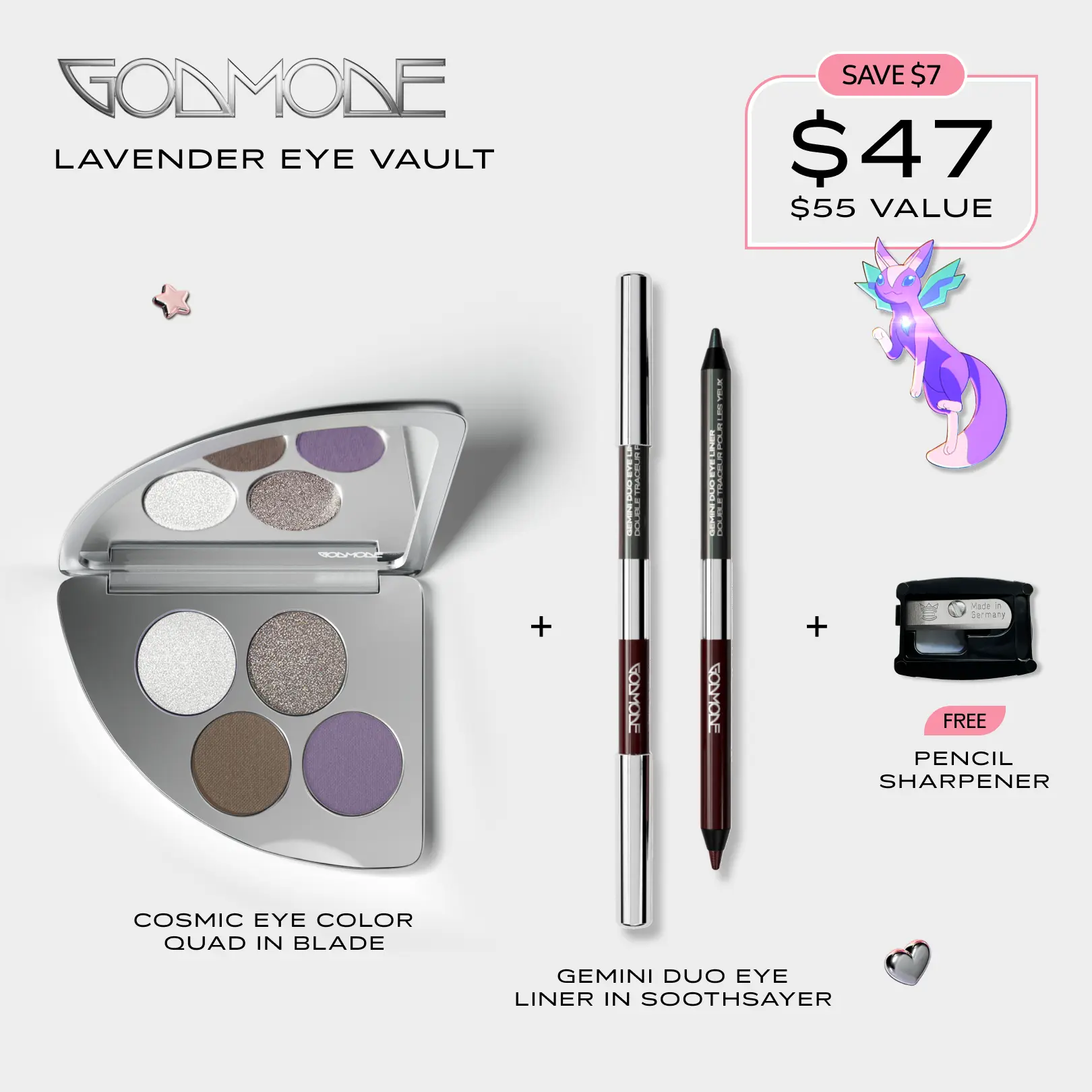GODMODE Lavender Cosmetic Eyeshadow Combo - Talc-Free Eye Makeup Palette and 24hr wear Eyeliner for Eye Makeup Application with free gifted pencil sharpener