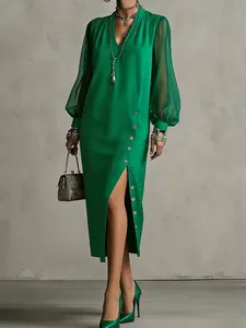 Women's 2026 New Long Sleeve Bubble Hem Dress with Button Detail, Solid Color Side Split Deep V Neck Midi Dress, Elegant Women's Fashion