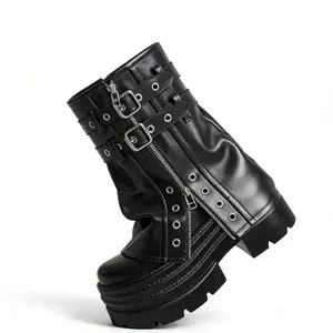 Gothic Biker Boots with Belt Buckle Elegant Platform Flats Short Motorcycle Boots for Women Edgy Fashion Comfortable