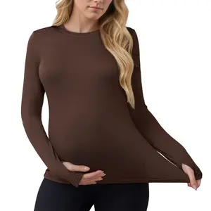 INSPIRE CHIC Women's Maternity Workout Tops Stretchy Fitted Crew Neck Long Sleeve Thumbholes Pregnancy Yoga Basic Undershirts Small Brown