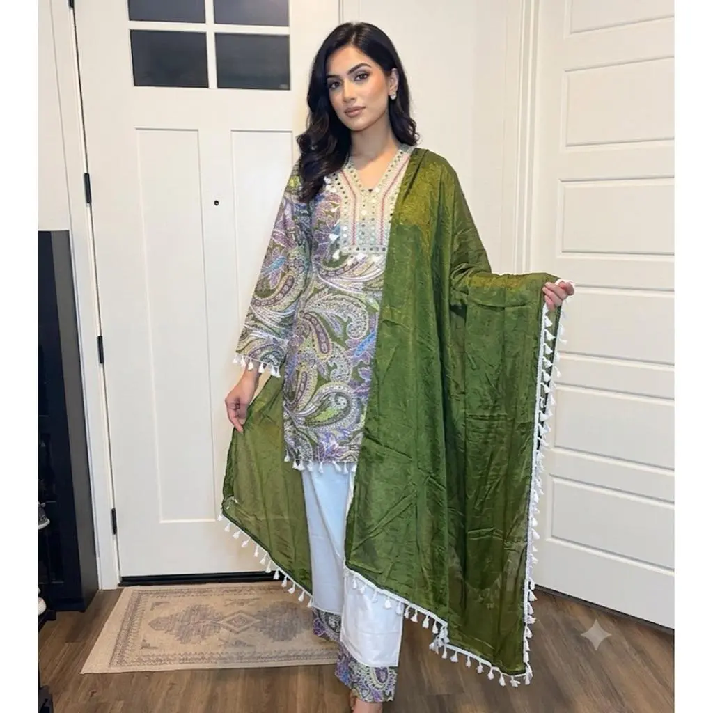 Women's Elegant Ethnic Kurta Set with Embroidered Floral Details and Sheer Mesh Dupatta Size 40 Traditional Suit for Festivals and Weddings