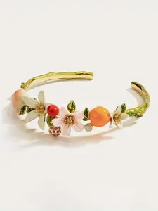 Vintage Colorful Enamel Flower Peach Adjustable Cuff Bracelet, Elegant Sweet Women's Jewelry, Perfect for Parties and Daily Wear