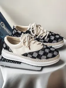 Summer New Men's Plaid Patchwork Hemp Rope Laces, Vintage Straw Trim Soft Elastic Thick Sole, Casual Checkered Shoes for Commute and Streetwear