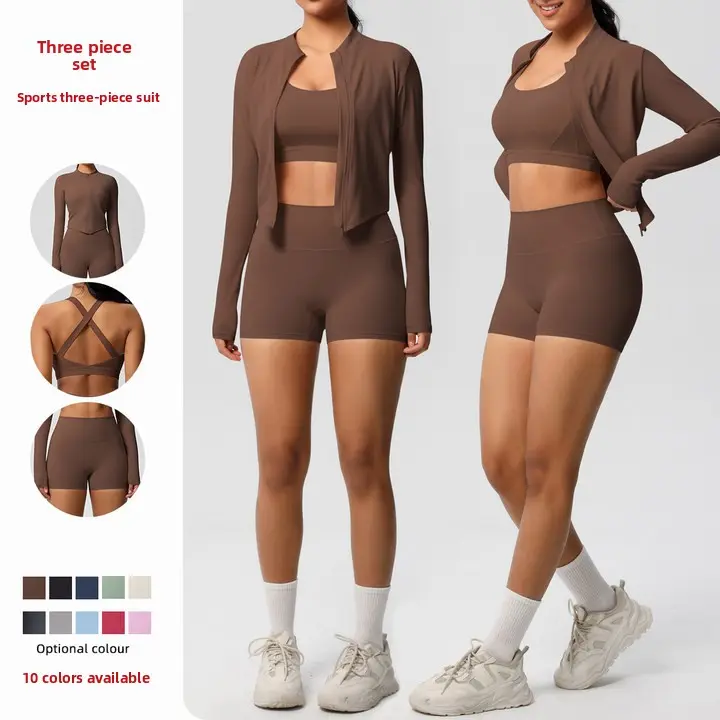 New(New)New Cloud-Feel Yoga Brushed Bra Jacket Casual Pilates Running Fitness Yoga Outfit Three-Piece Set(Gift)11