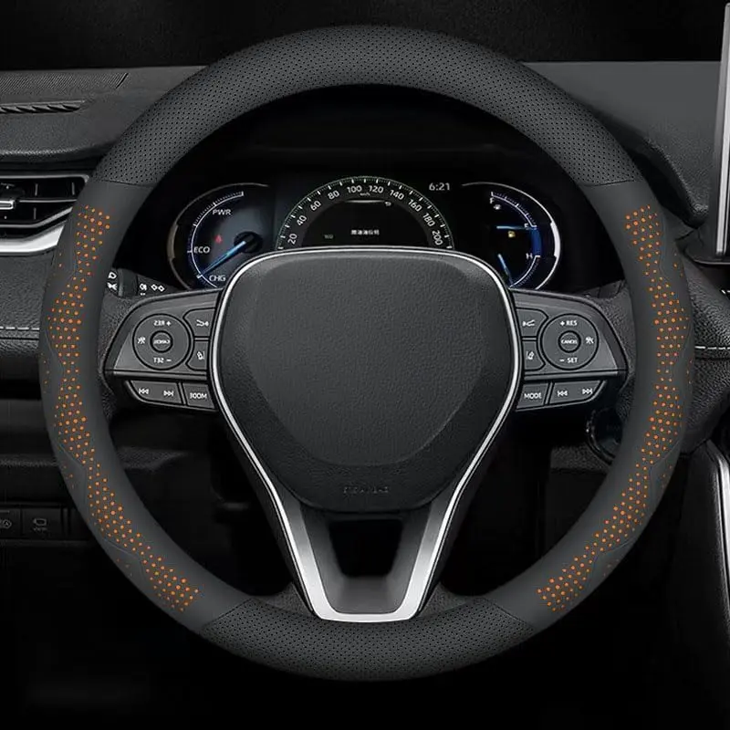 3D Premium Skin-Feel Microfiber Leather Car Steering Wheel Cover - Breathable Anti-Slip Lining, Glove-Fit, 3-Steps Installation, Universal for 14.5-15 in Wheels, Automotive Interior Accessory, Three-Steps