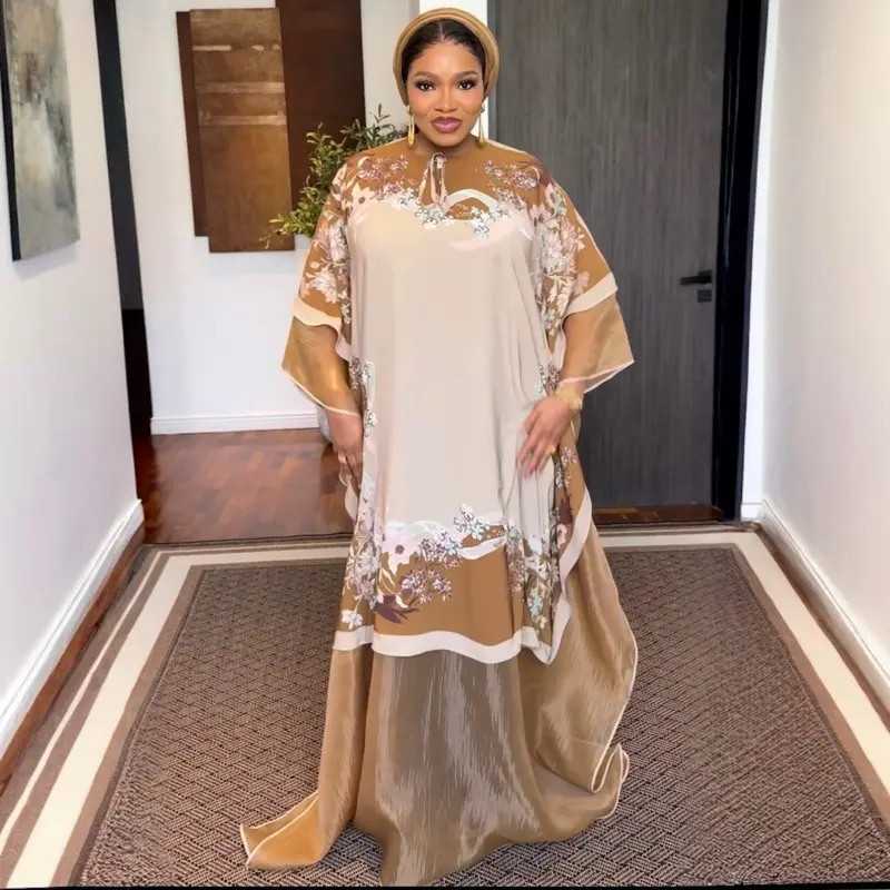Women's Brown Glossy African Nigerian Sculpt Bubu Ethnic Formal Dress - Silk, Organza Fabric, Short-Sleeve Glamorous Formal Wear with Matching Accents for Birthday, Owambe Events, Ethnic Formal Dresses