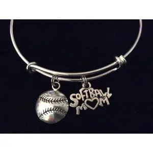 Softball Mom on a Silver Expandable Bangle Bracelet Sports Team Coach Gift Adjustable Wire Charm Bangle