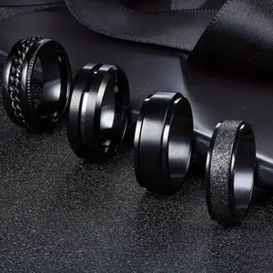 Stylish Stainless Steel Men's Single Ring Set of 4 Black Embossed Frosted Decorative Daily Wear Halloween Gift