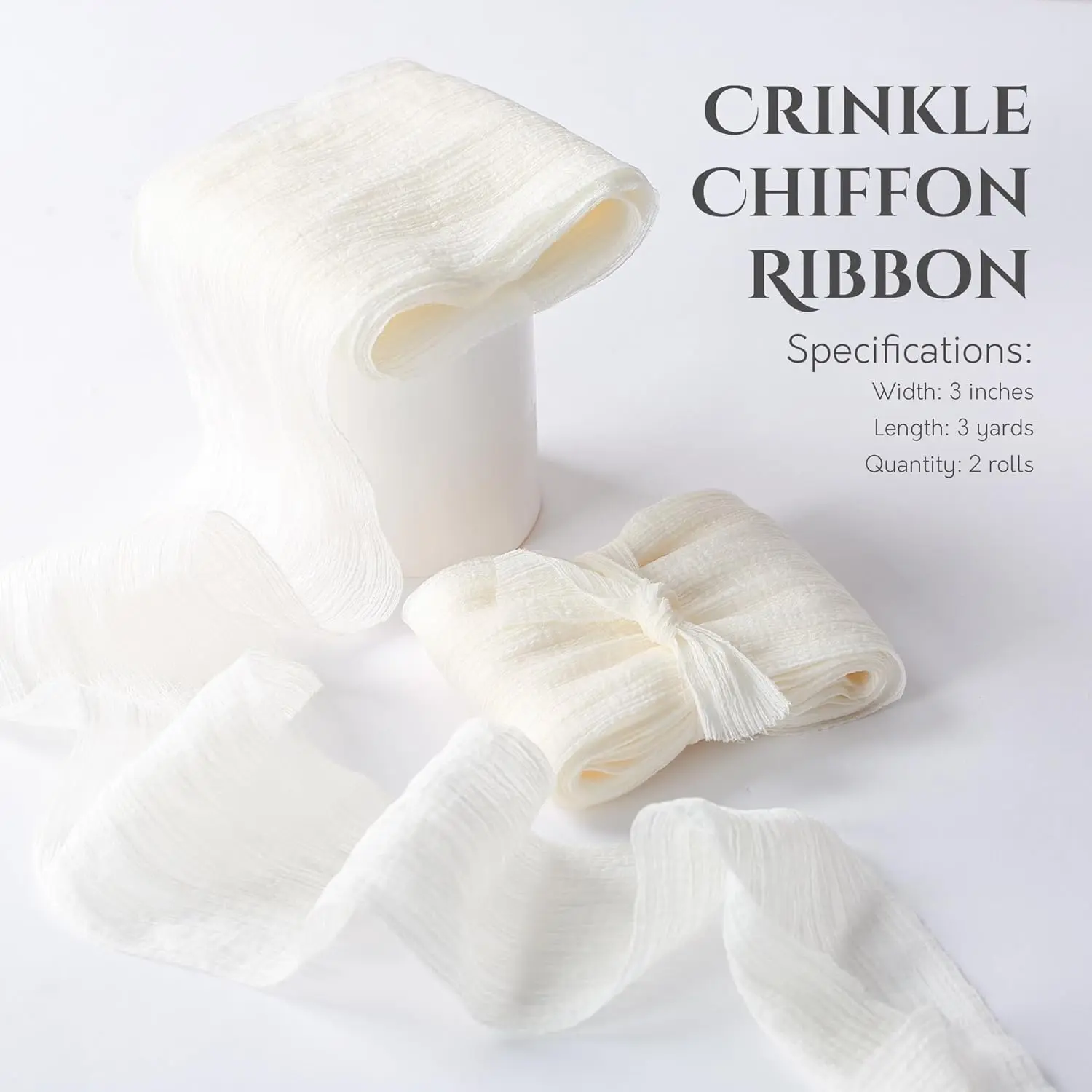 Chiffon Crinkle Ribbon 3 inch Handmade Fabric Silk Ribbon for Bridal Flower Bouquet Wedding Decor Gift Wrapping 2 Rolls 6 Yd
