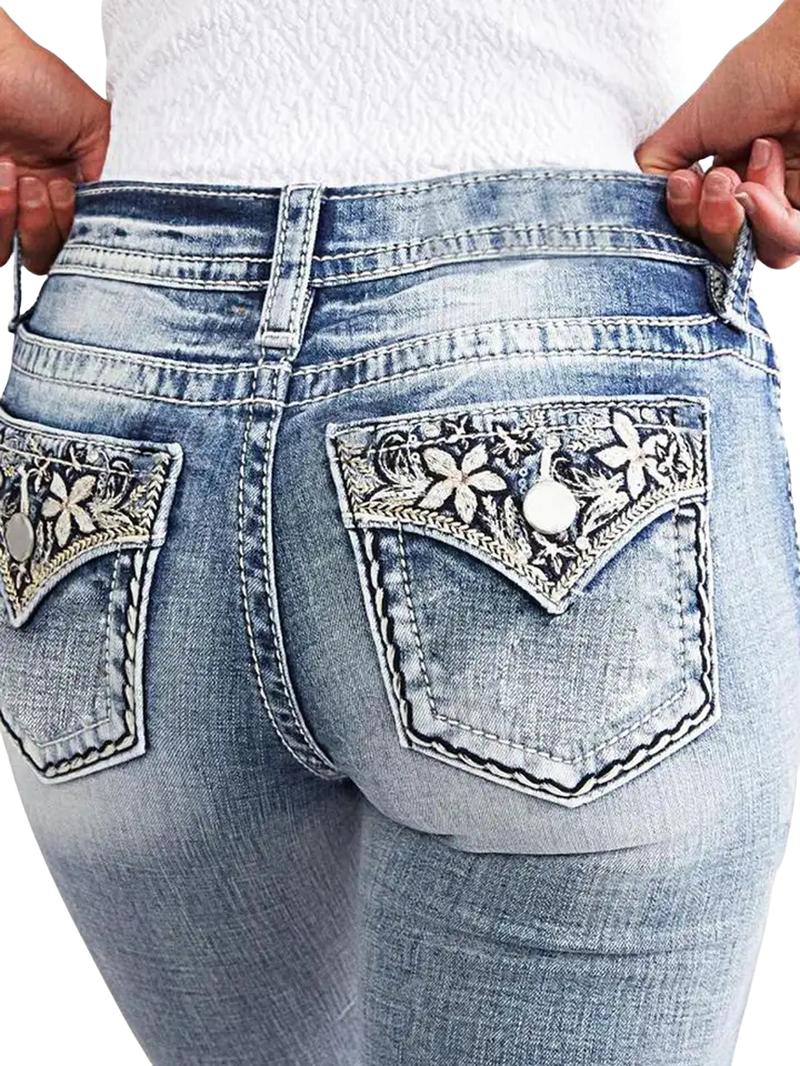 Jack David--Sexy Couture--LA Idol Women's Mid Rise Bootcut Jeans with Rhinestone Pockets Stretch Denim Pants