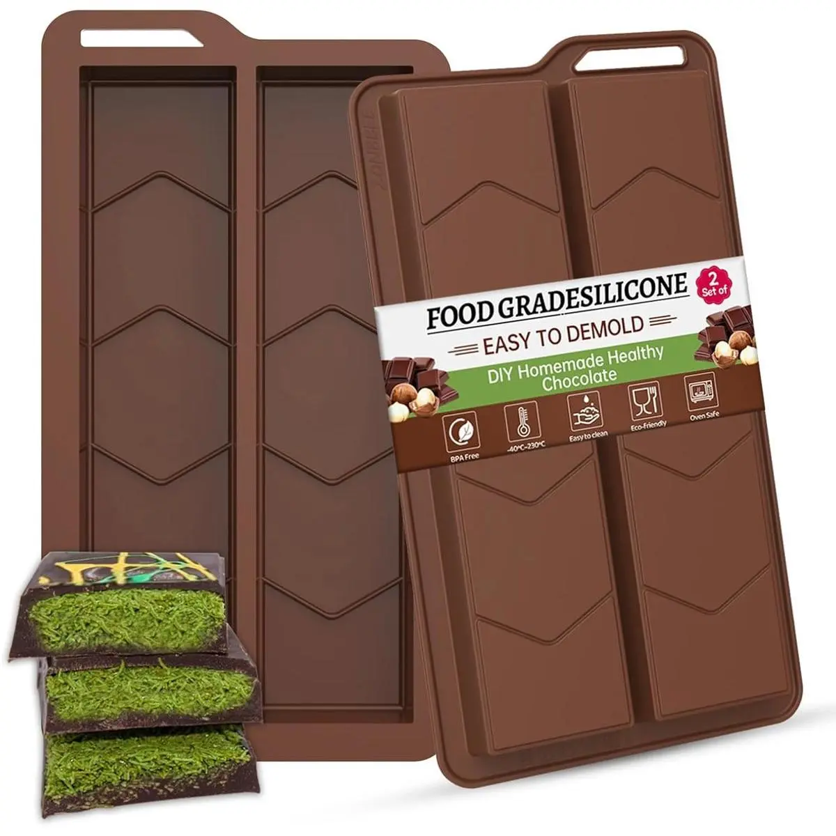 Deep Chocolate Bar Molds 0.82 Inch Deep Large and Thick Silicone Chocolate Bar Molds for Stuffed Bar,Big Chocolate Candy Bar Mold for Filling Knafeh Pistachio Chocolate Bar and Wax Melts Large（2 Pcs）