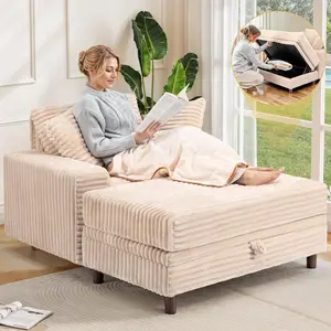 54" Oversized Chaise Lounge Chair Indoor, Comfy Sofa Bed with Storage and Ottoman, Upholstered Reading Chairs Cloud Couches, Khaki
