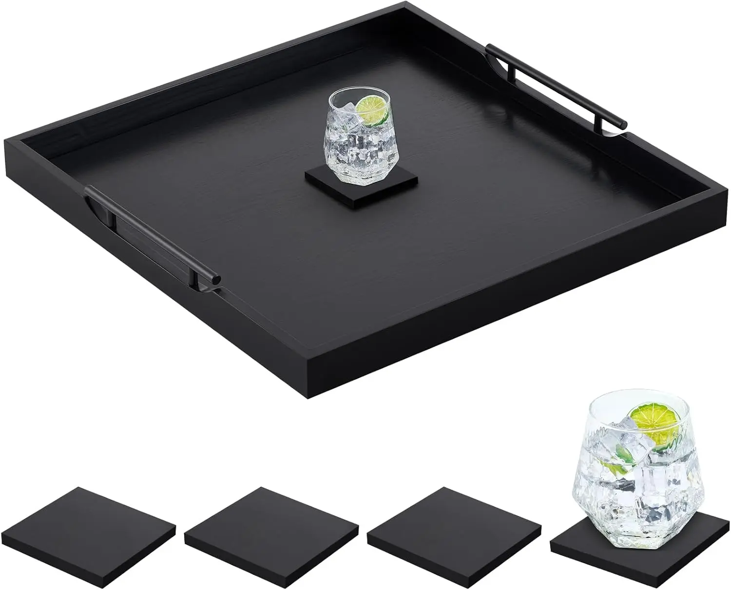Large Square Ottoman Tray 24 x 24 x 2 Inch  Serving Tray with 4 Coasters and Metal Handles for  Coffee  Table Sofa Living Room  Housewarming (Black)