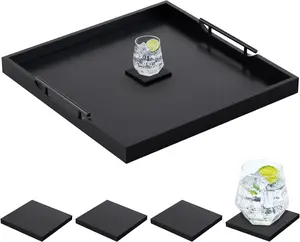 Large Square Ottoman Tray 24 x 24 x 2 Inch  Serving Tray with 4 Coasters and Metal Handles for  Coffee  Table Sofa Living Room  Housewarming (Black)