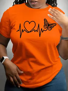 【Plus Size】 Butterfly & Heartbeat Line Print Round Neck Tee, Casual Short Sleeve Crew Neck T-shirt for Daily Wear, Women Plus Clothing for All Seasons